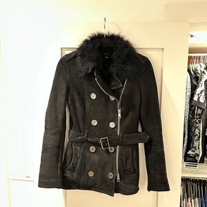 Burberry Black Pea Coat with Fur Collar